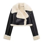 Chic Vintage Women’s Sheepskin Sherpa Shearling Fur Lined Crop Top Retro Leather Jacket